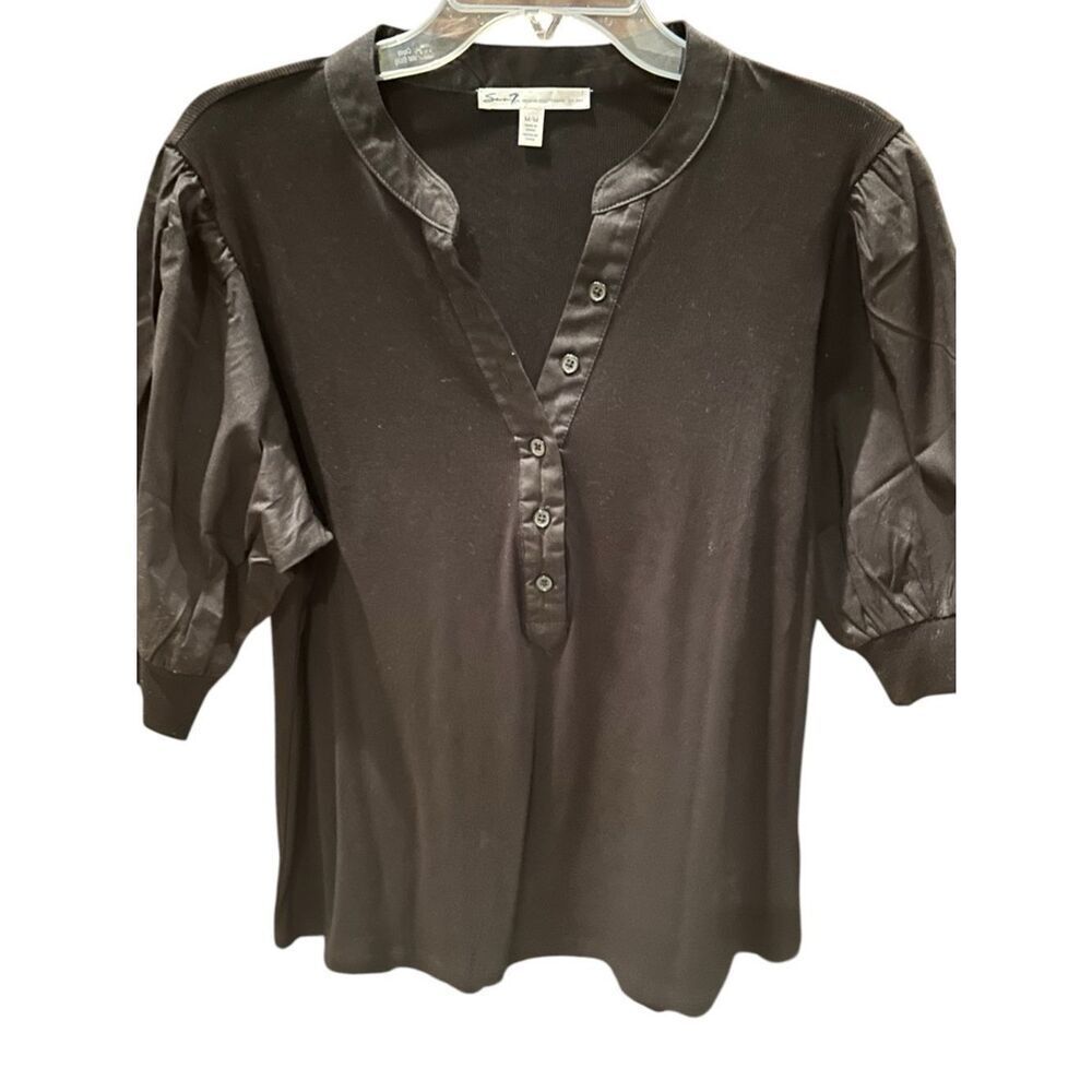 Seven7 Mixed Media Puff Sleeve Henley Medium NWT - Picture 4 of 9